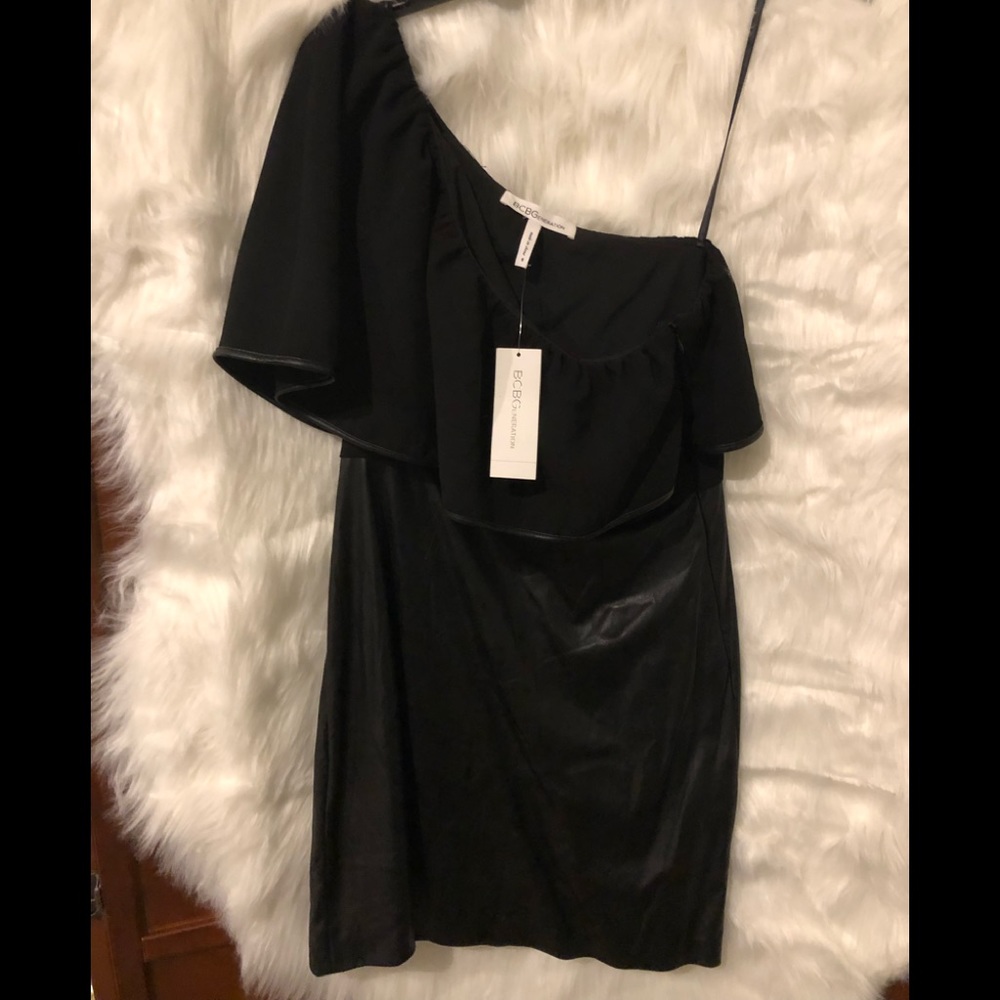 NWT BCBG One-shoulder Pleather Ruffle Dress, Size 6